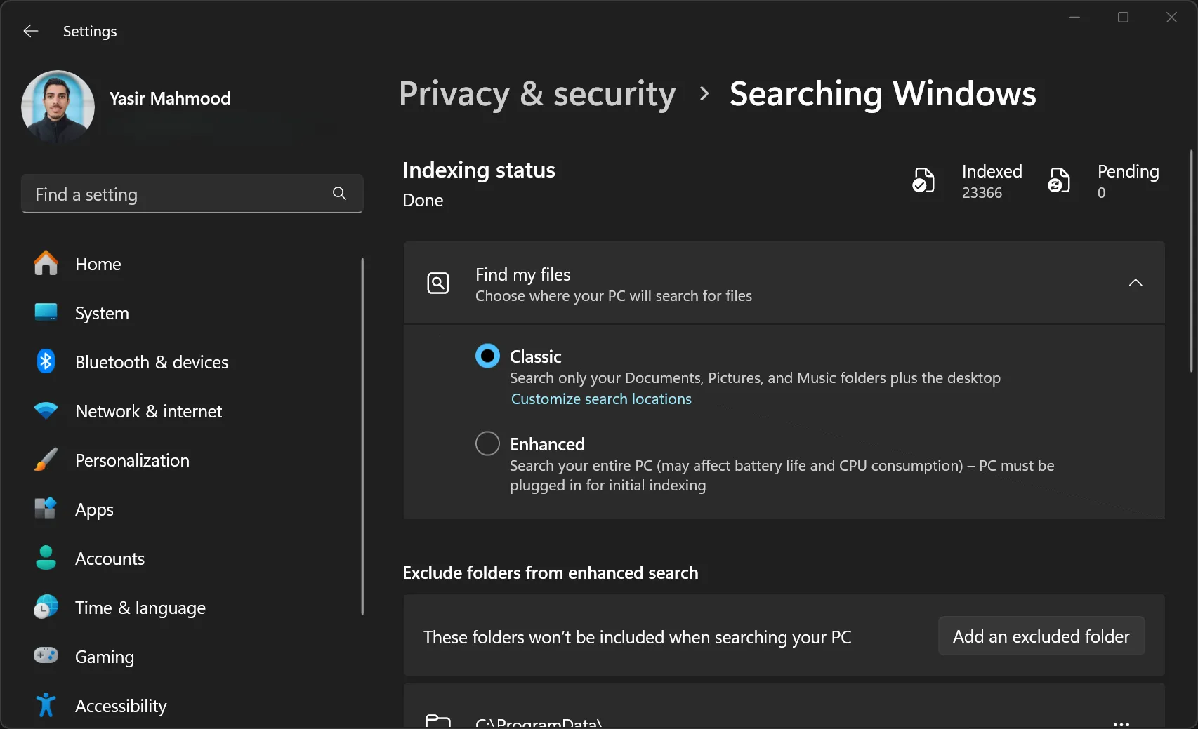 Tùy chọn lập chỉ mục tìm kiếm của Windows trong cài đặt hệ thống
