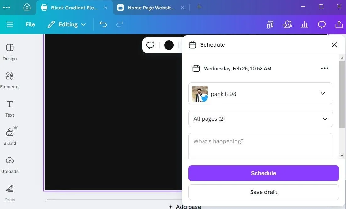 Tùy chọn lập lịch đăng bài lên mạng xã hội trong tính năng Content Planner của Canva