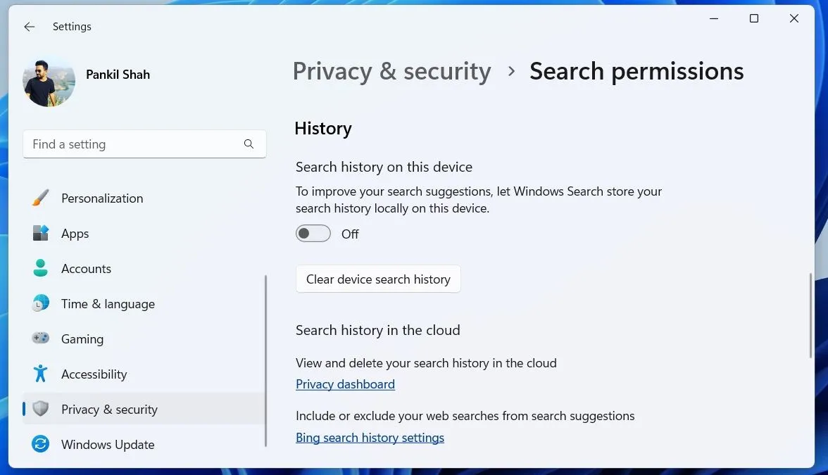 Tùy chọn Lịch sử tìm kiếm và tìm kiếm nội dung đám mây trong Cài đặt Windows 11.