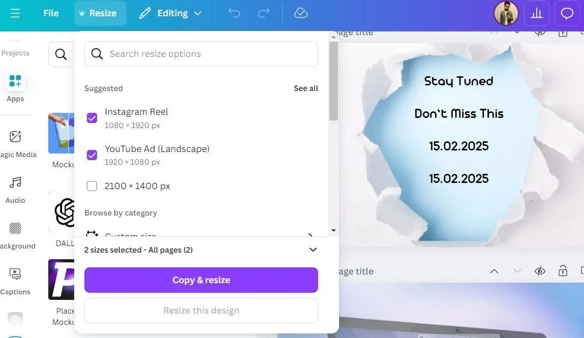 Tùy chọn Magic Resize trong ứng dụng Canva, giúp thay đổi kích thước thiết kế nhanh chóng