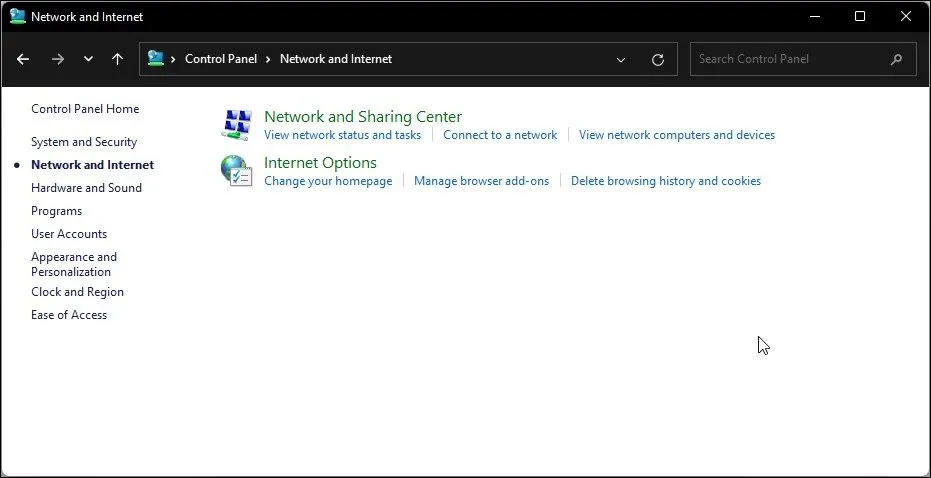 Tùy chọn Mạng và Internet trong Control Panel trên Windows 11 để truy cập Internet Options
