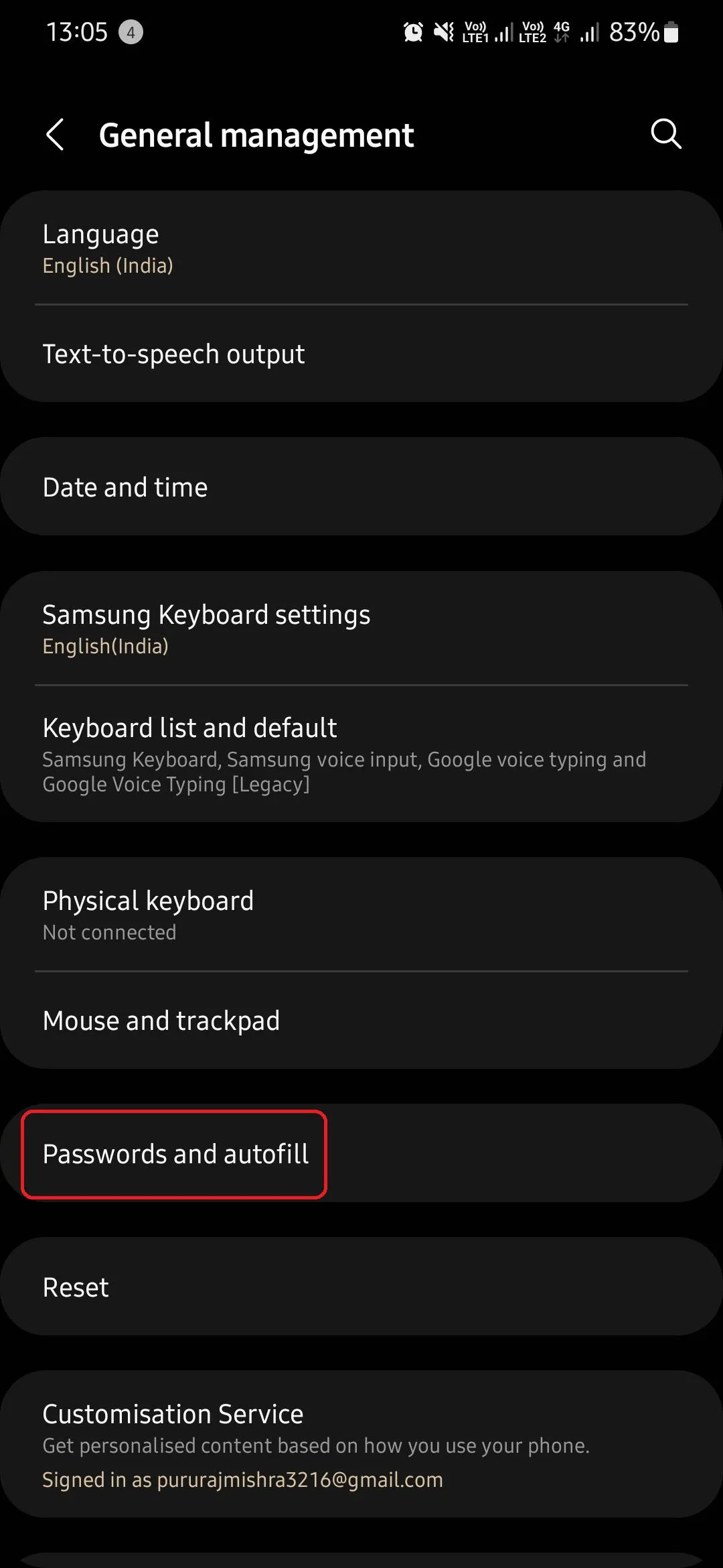 Tùy chọn Mật khẩu và tự động điền trong mục Quản lý chung của Samsung Galaxy