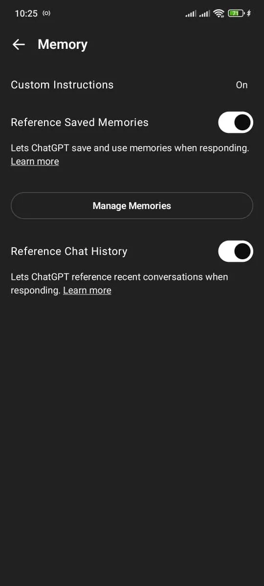 Tùy chọn Memory được bật trong cài đặt ứng dụng ChatGPT trên điện thoại, minh họa khả năng cá nhân hóa của AI.