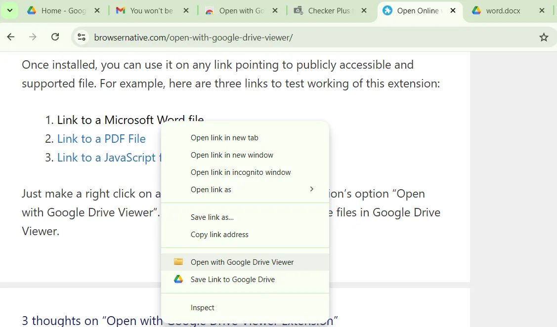 Tùy chọn Mở bằng Google Drive Viewer trong menu chuột phải trên Chrome