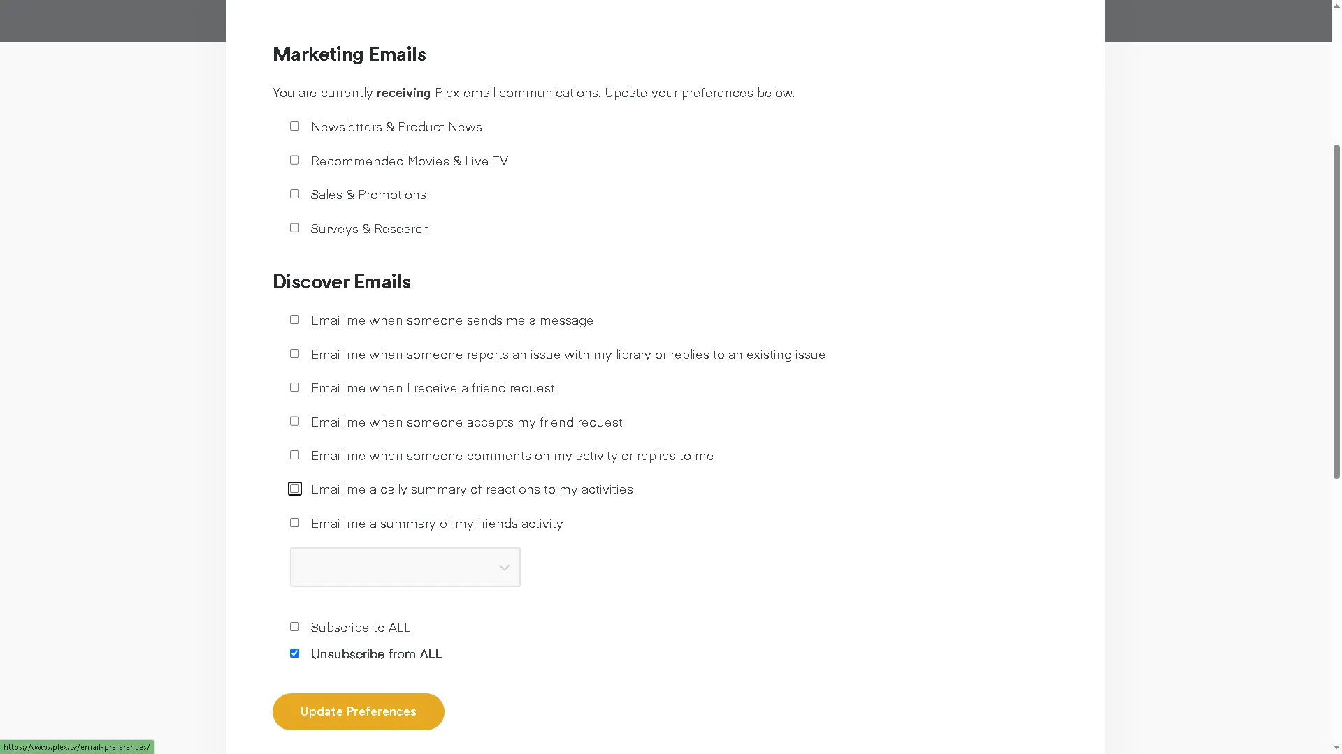 Tùy chọn nhận email tiếp thị trong phần cài đặt tài khoản Plex, cho phép hủy đăng ký các thông báo không mong muốn.