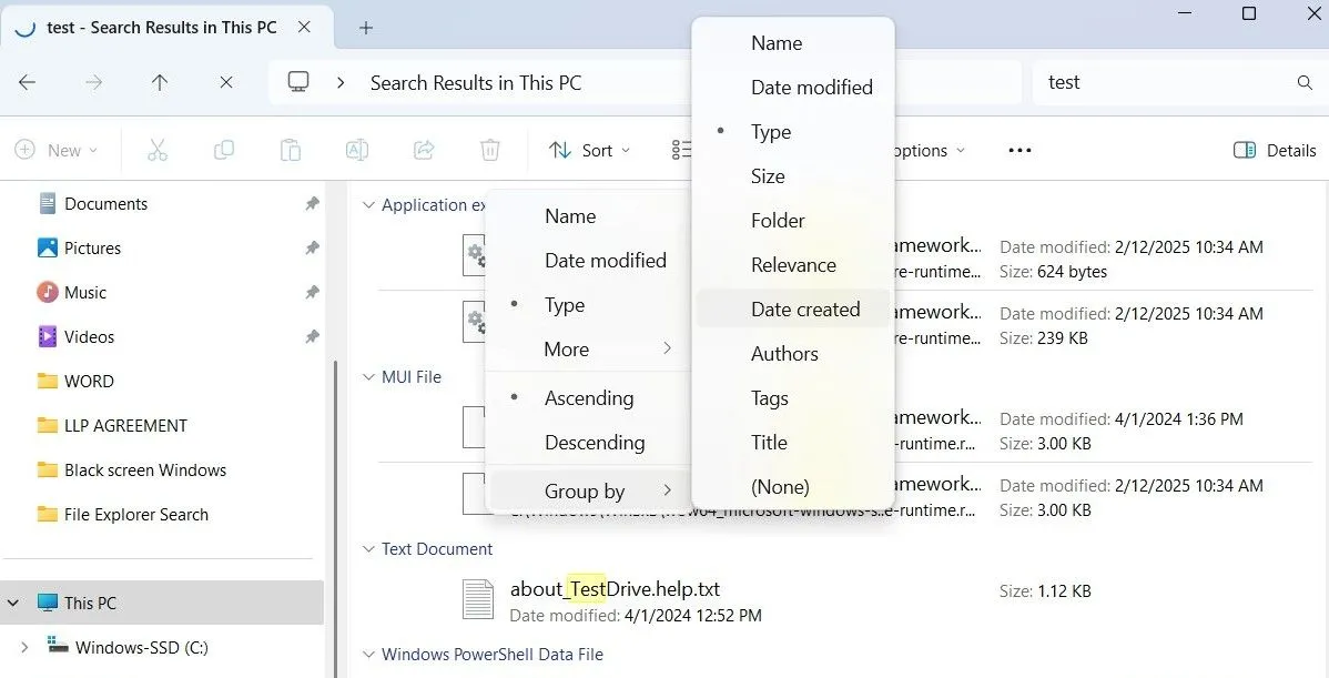 Tùy chọn nhóm kết quả tìm kiếm theo nhiều tiêu chí trong File Explorer