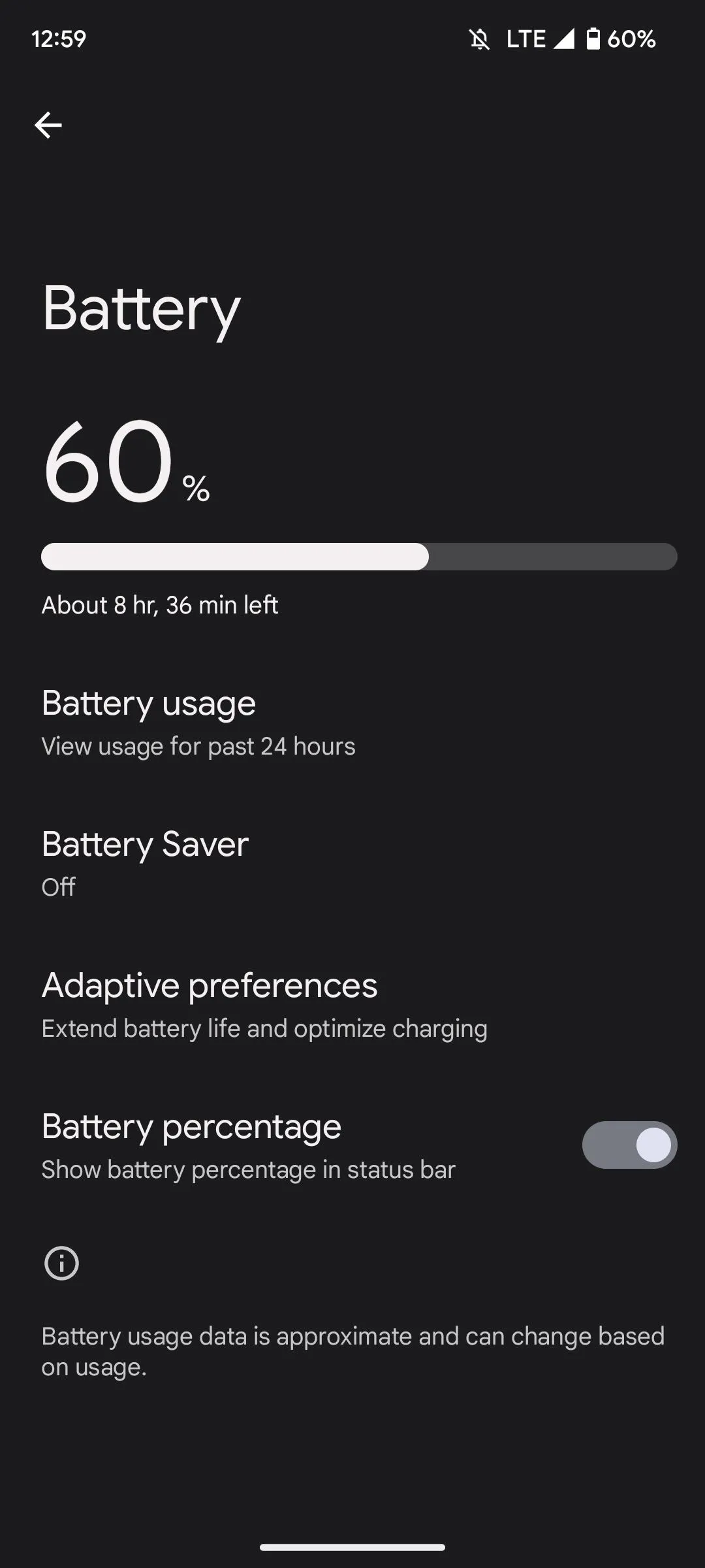 Tùy chọn Pin thích ứng trong menu pin Android