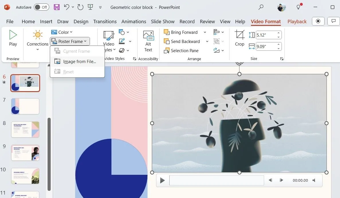 Tùy chọn Poster Frame trong tab Định dạng Video của PowerPoint để thay đổi ảnh đại diện.