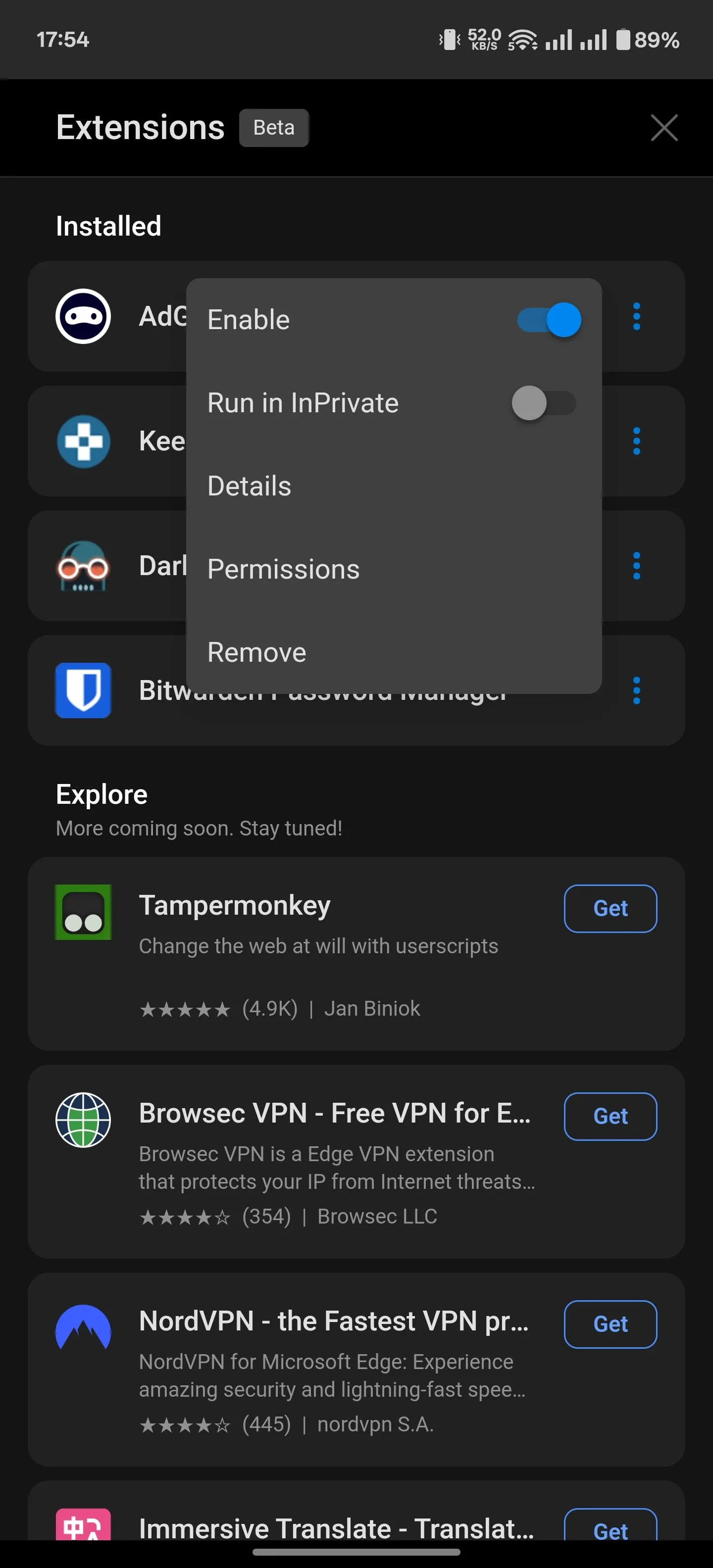 Tùy chọn quản lý chi tiết một tiện ích mở rộng đã cài đặt trên trình duyệt Edge cho Android.