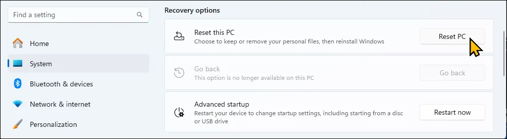 Tùy chọn &quot;Reset this PC&quot; trong phần Recovery của Cài đặt trên Windows 11