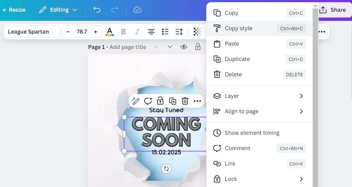 Tùy chọn Sao chép Phong cách (Copy Style) hiển thị trong menu ngữ cảnh của Canva