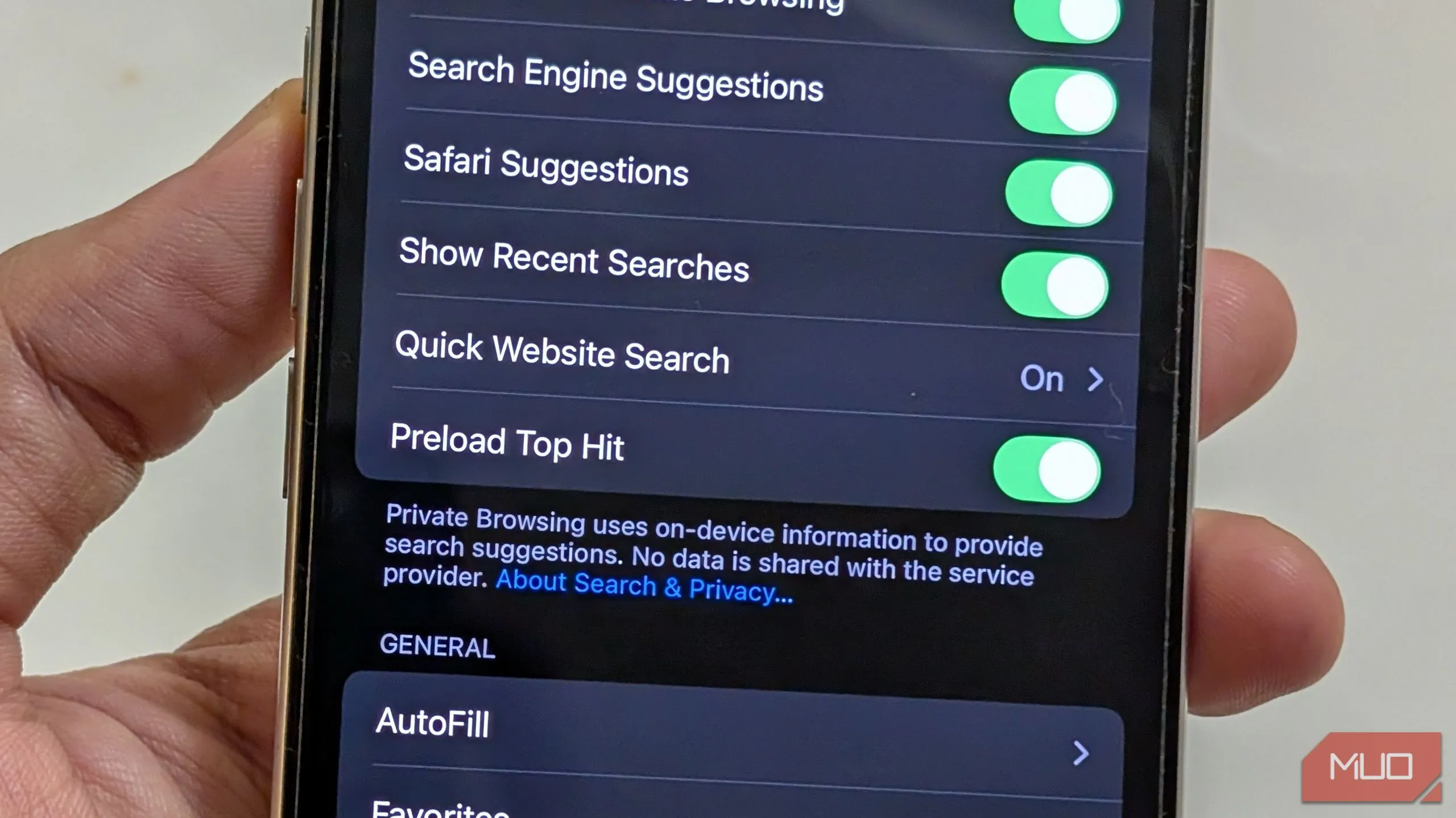 Tùy chọn Tải trước Kết quả tìm kiếm hàng đầu trong cài đặt Safari trên iOS