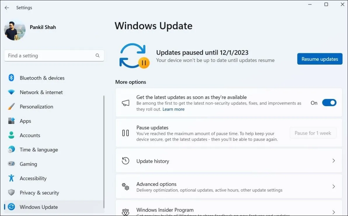 Tùy chọn tạm dừng và tiếp tục cập nhật Windows trong cài đặt Windows Update