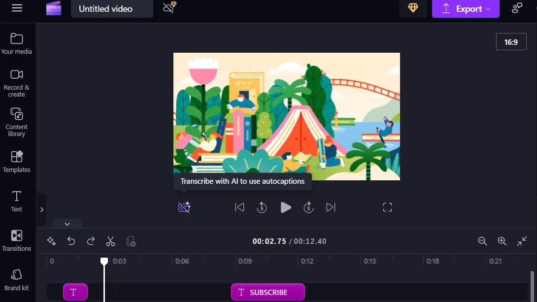 Tùy chọn tạo phụ đề tự động cho video trong phần mềm Clipchamp