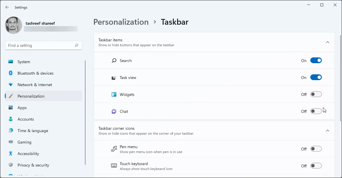 Tùy chọn tắt Bảng widget và biểu tượng Chat trên thanh Taskbar Windows 11.