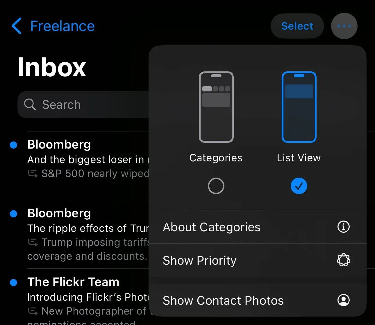 Tùy chọn tắt hiển thị ảnh liên hệ và ưu tiên AI trong ứng dụng Mail iOS 18.5 beta 1