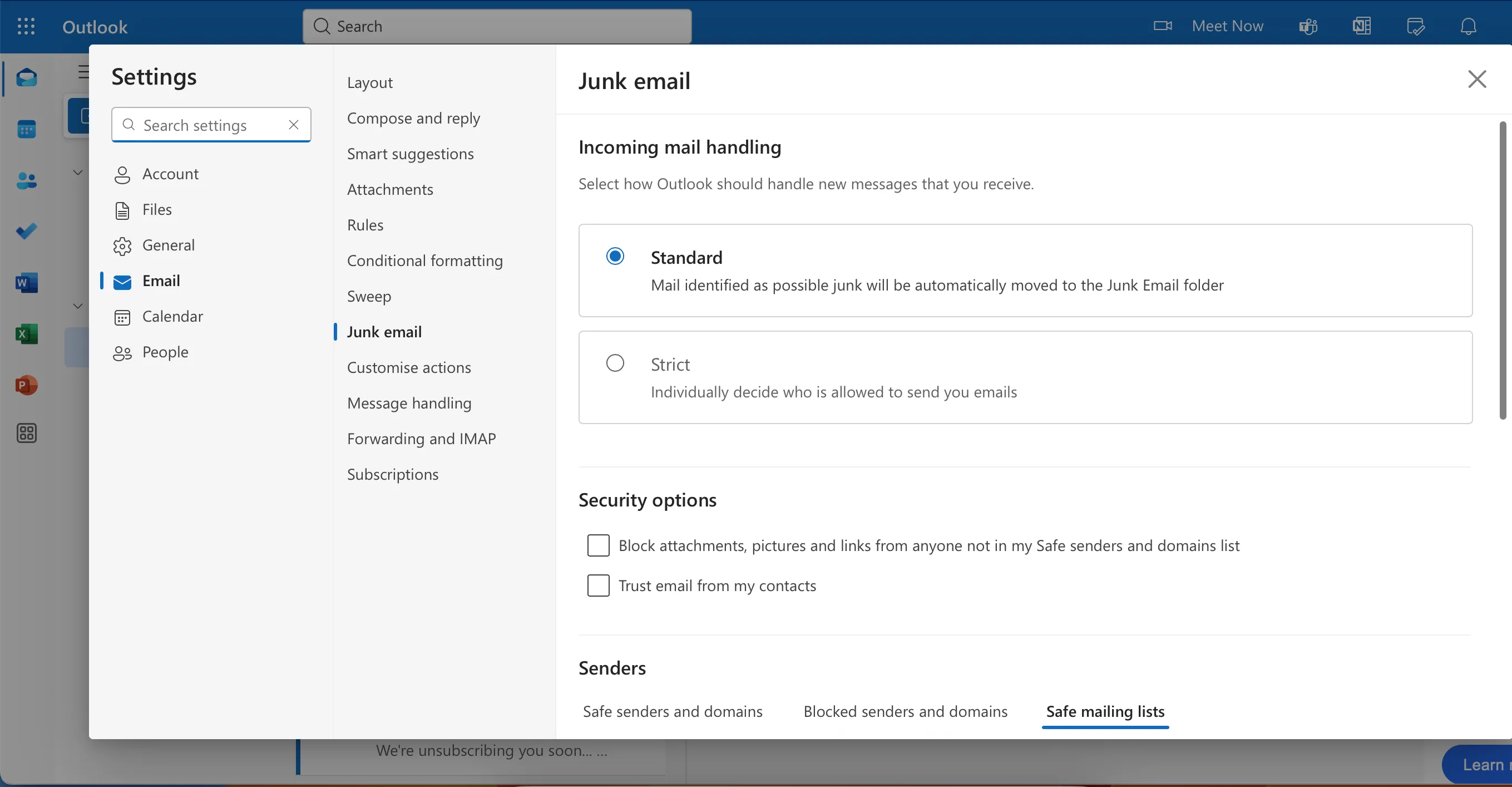 Tùy chọn thiết lập quy tắc xử lý email đến nghiêm ngặt trong ứng dụng Outlook