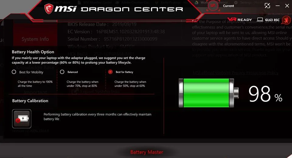 Tùy chọn Tình trạng pin (Battery Health Option) trong ứng dụng MSI Dragon Center, với các chế độ quản lý sạc pin MSI