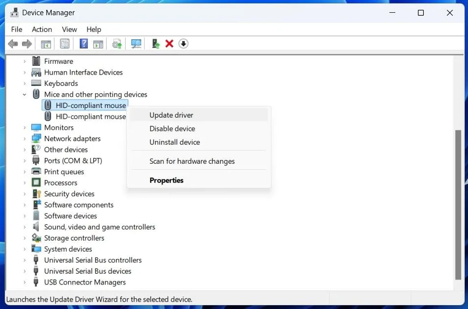 Tùy chọn &quot;Update Driver&quot; (Cập nhật Driver) khi chuột phải vào thiết bị chuột trong cửa sổ Device Manager (Quản lý Thiết bị) của Windows