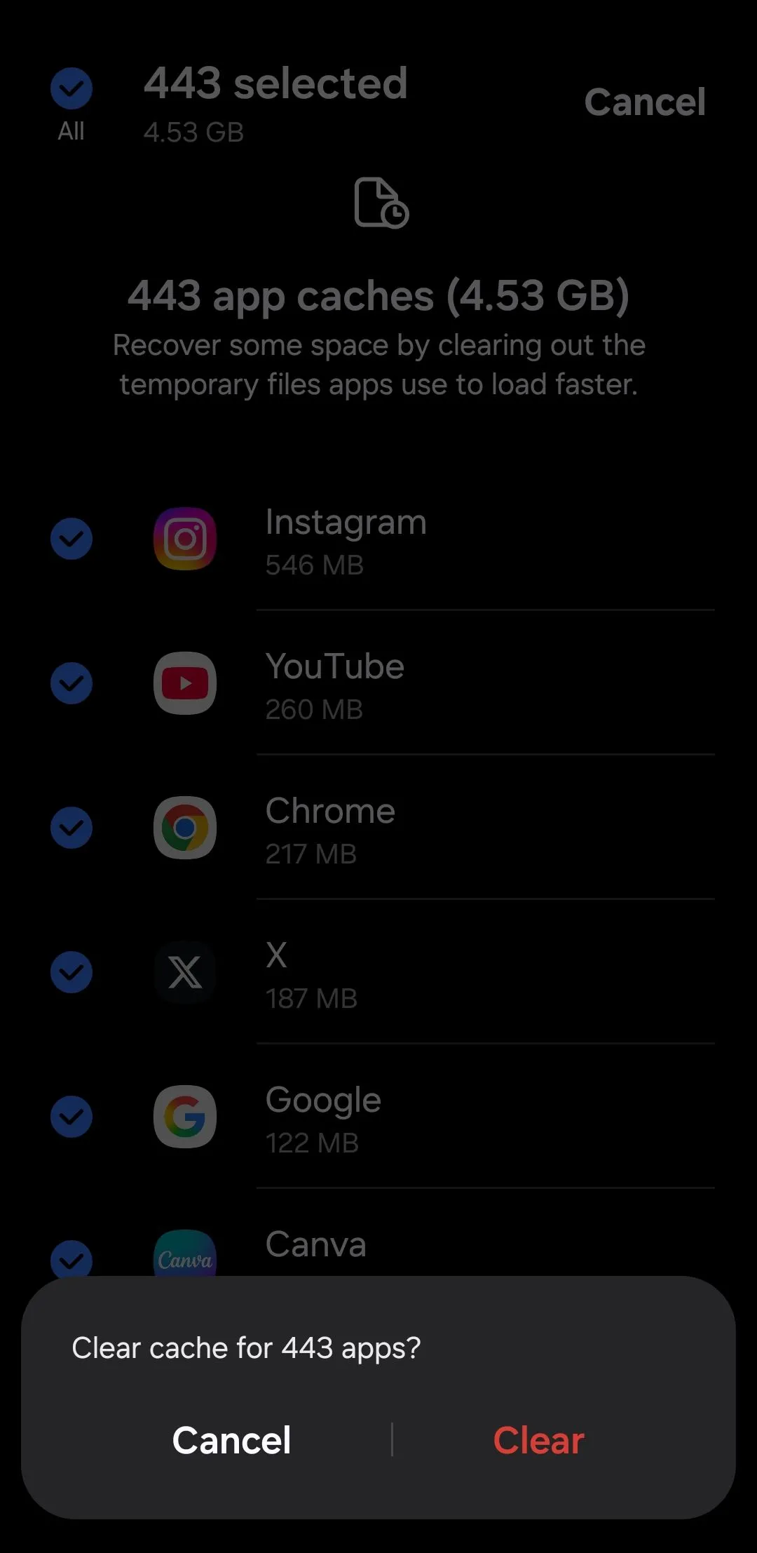 Tùy chọn Xóa bộ nhớ đệm để xóa toàn bộ cache ứng dụng trên điện thoại Samsung One UI