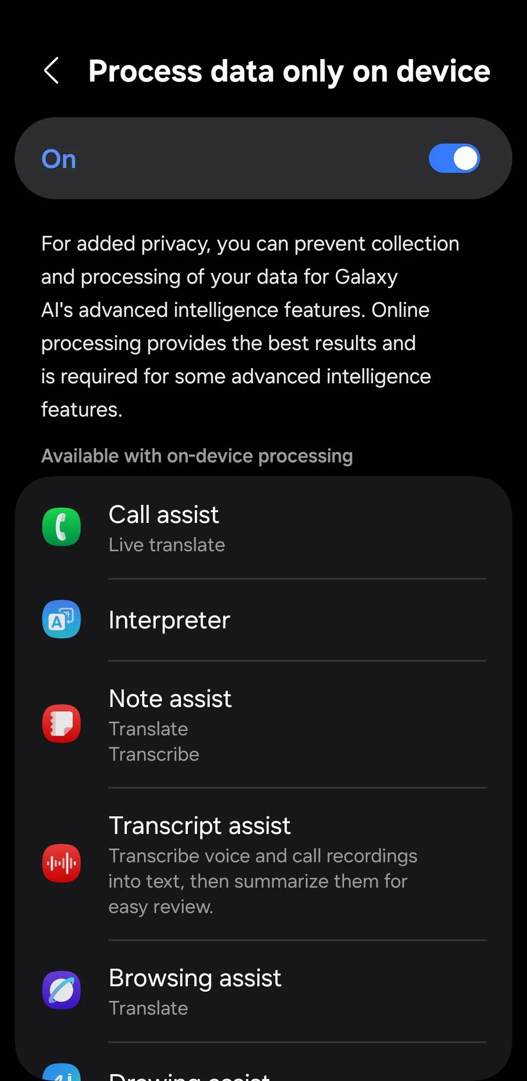 Tùy chọn 'Xử lý dữ liệu chỉ trên thiết bị' trong cài đặt Galaxy AI