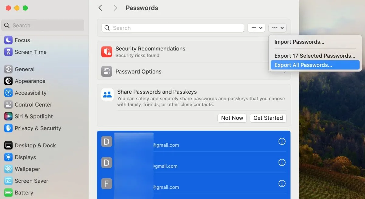 Tùy chọn Xuất tất cả mật khẩu trên macOS trong mục Cài đặt hệ thống