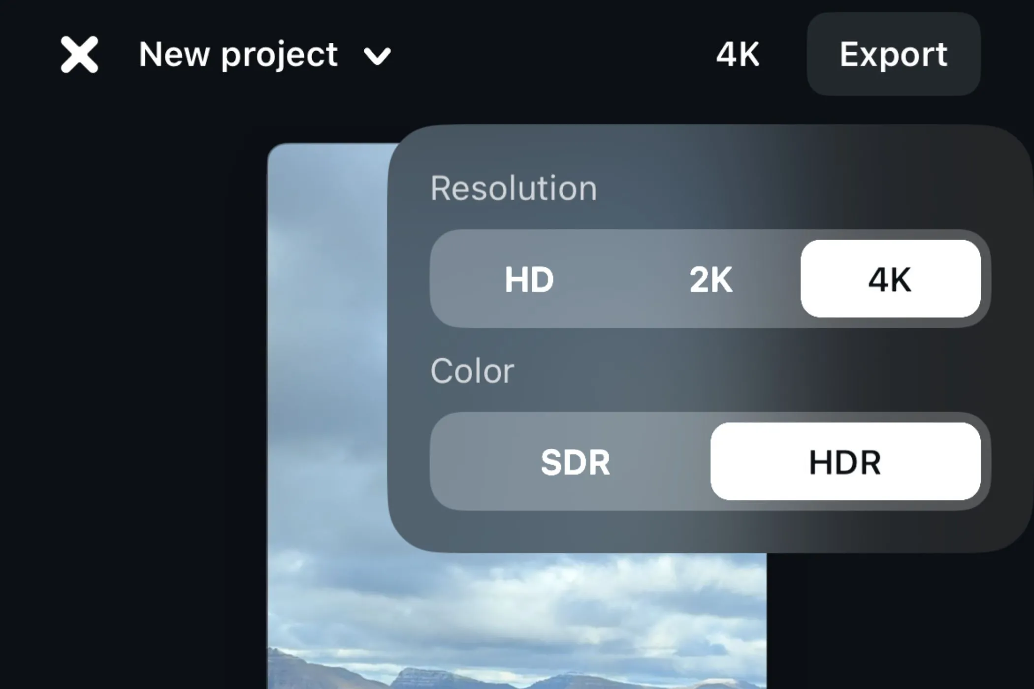 Tùy chọn xuất video với chất lượng HDR/SDR và độ phân giải 4K trong Edits