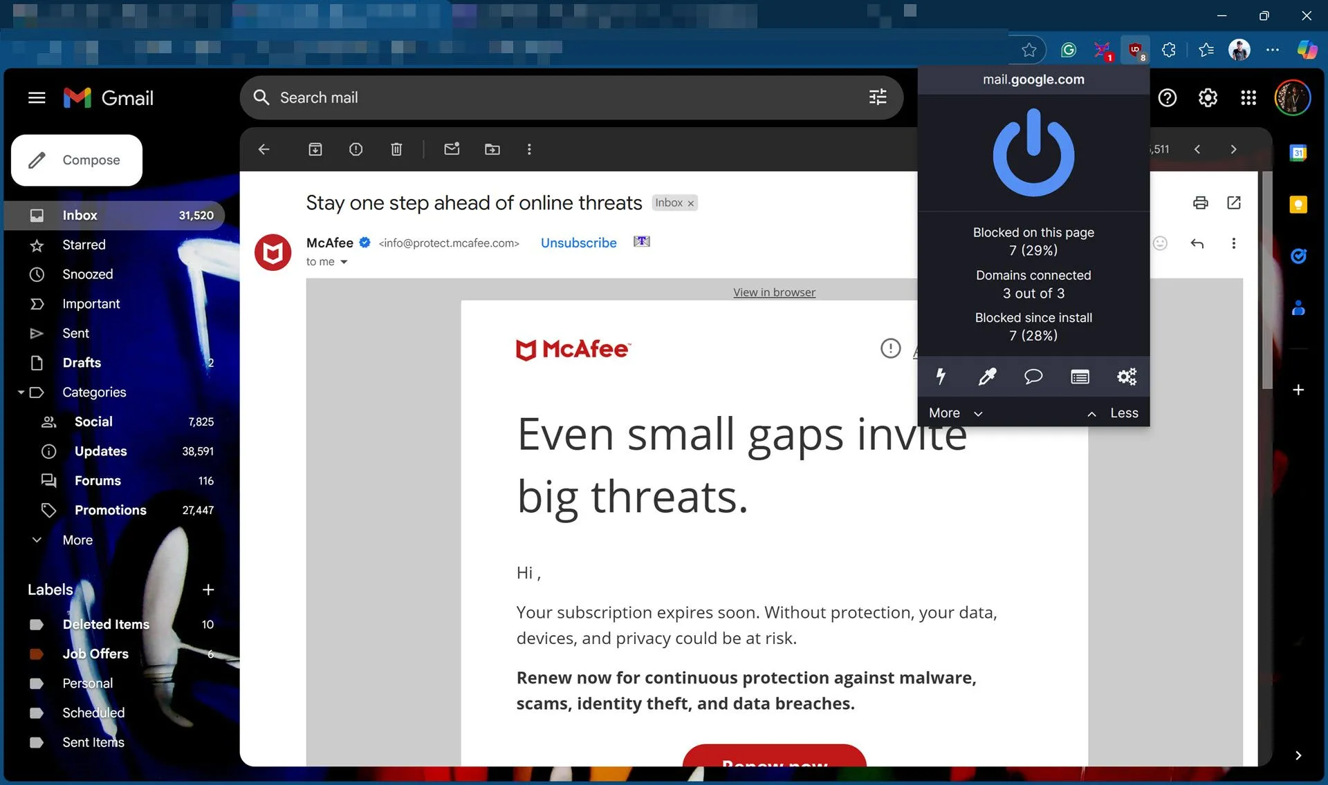 uBlock Origin hiển thị số lượng trình theo dõi và quảng cáo đã chặn trong giao diện webmail