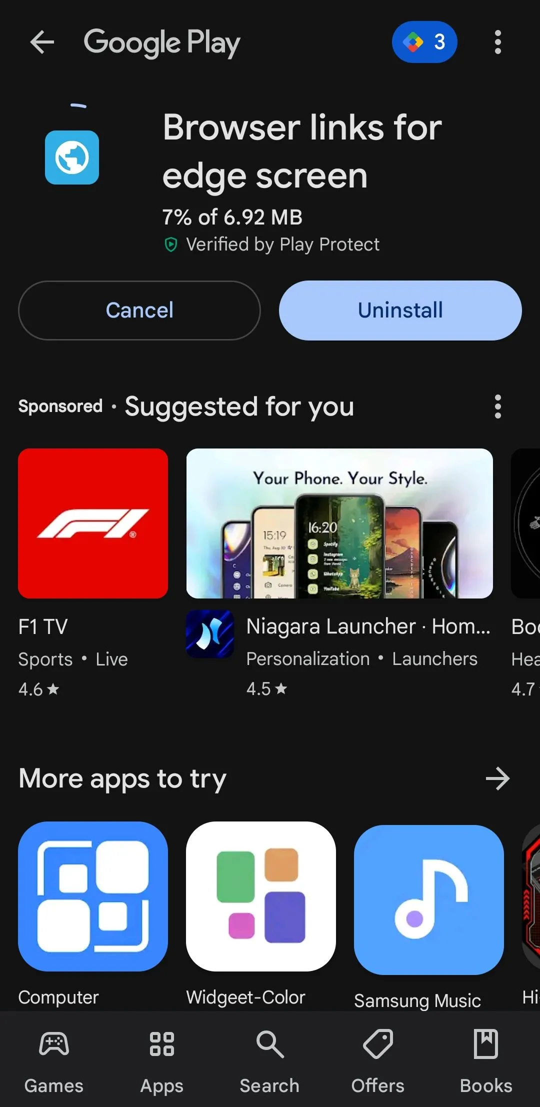 Ứng dụng &quot;Browser links for Edge screen&quot; hiển thị trên Google Play Store, cho phép thêm lối tắt website vào Edge panel trên điện thoại Samsung.