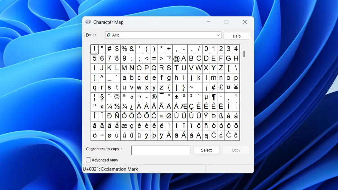 Ứng dụng Character Map cũ trên Windows 11 hiển thị các ký tự đặc biệt