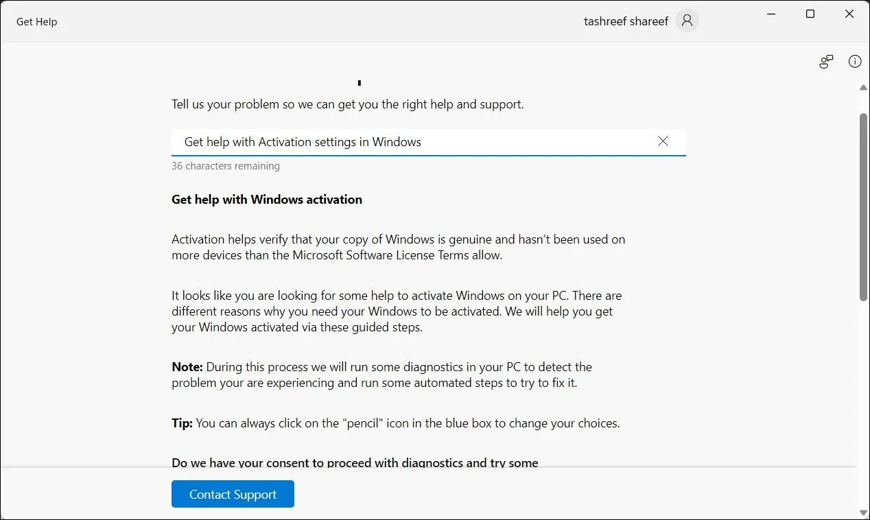 Ứng dụng Get Help của Windows 11 hiển thị tùy chọn liên hệ hỗ trợ