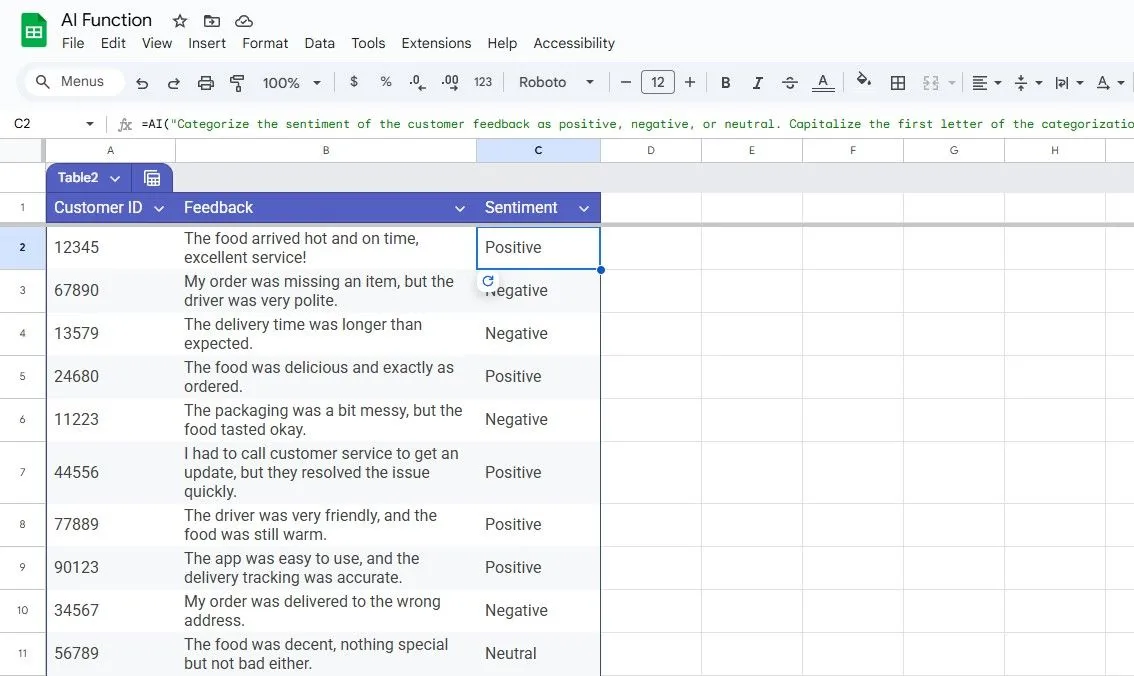 Ứng dụng hàm AI() trong Google Sheets để tự động phân tích và gắn nhãn cảm xúc (Positive, Negative, Neutral) cho phản hồi khách hàng