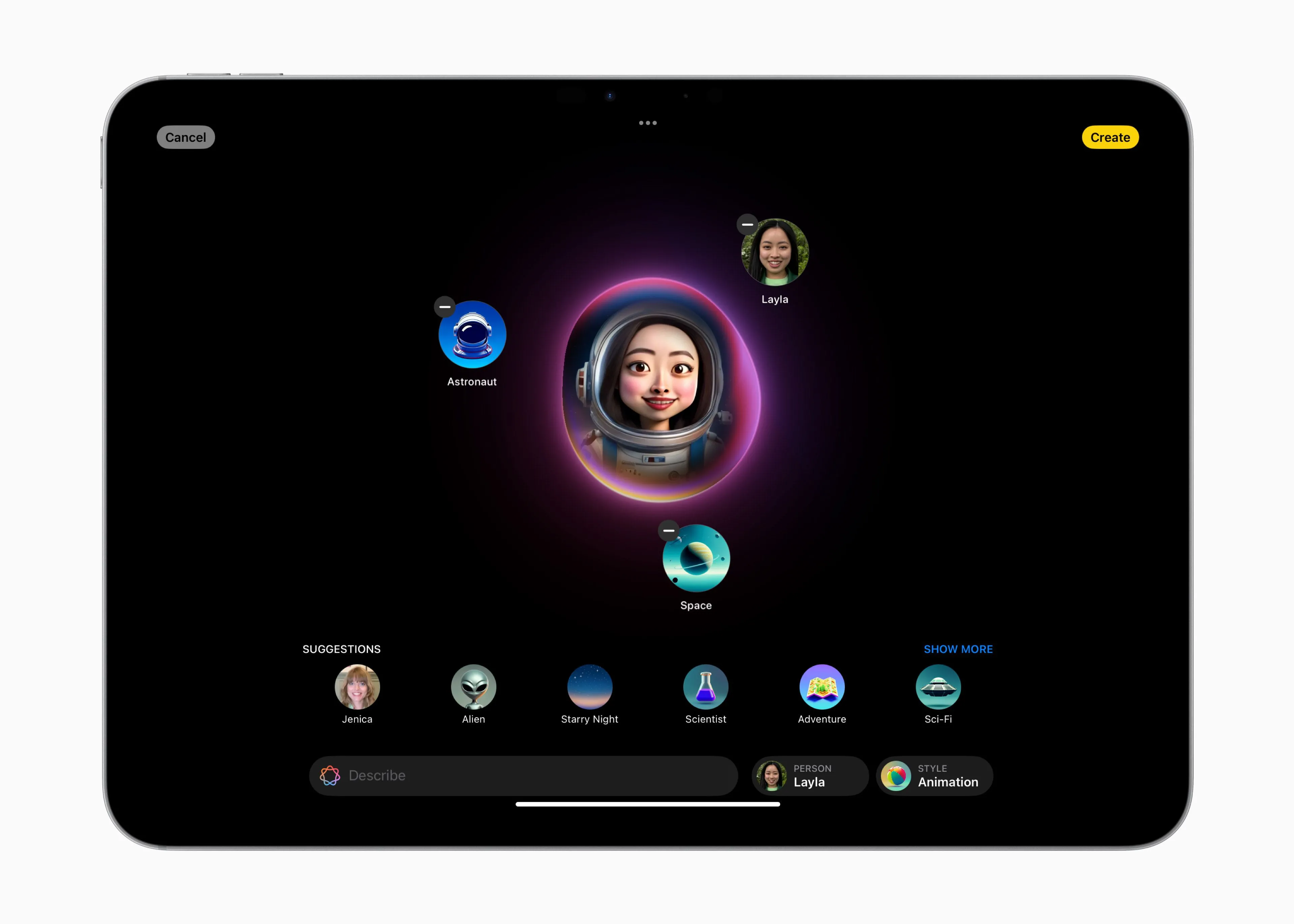 Ứng dụng Image Playground trên iPad, cho phép tạo hình ảnh và emoji độc đáo bằng AI.