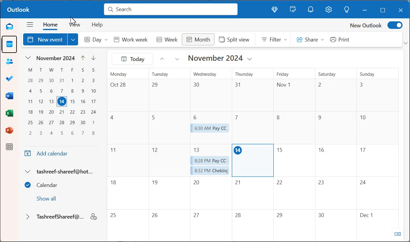 Ứng dụng Lịch trong Outlook trên Windows 11 hiển thị tích hợp lời nhắc