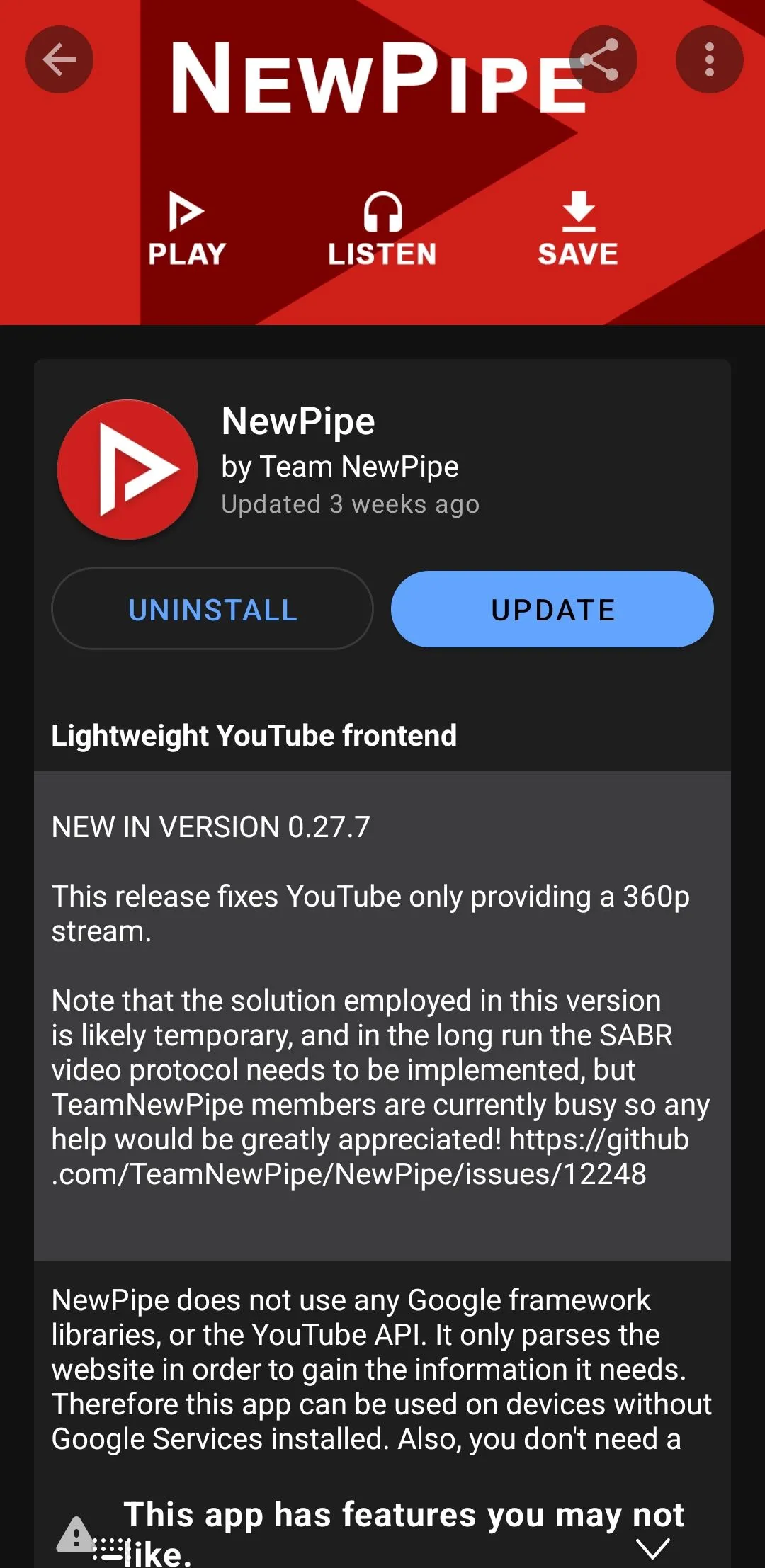 Ứng dụng NewPipe được hiển thị trong kho F-Droid trên điện thoại Android, minh họa các ứng dụng mã nguồn mở có sẵn.