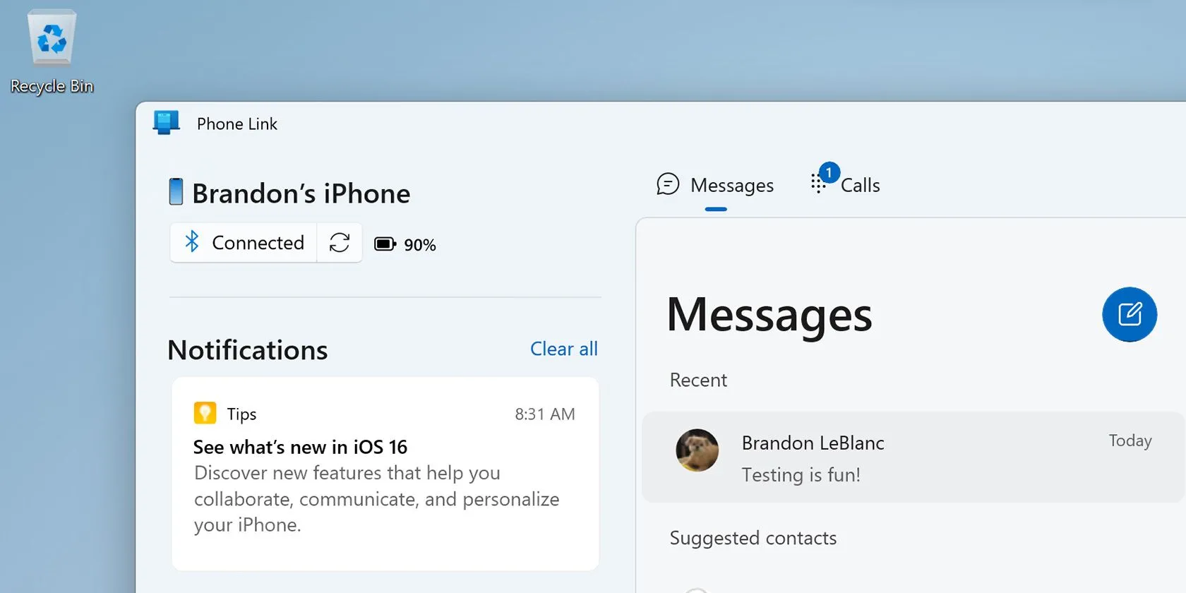 Ứng dụng Phone Link trên Windows 11 hiển thị kết nối với iPhone và các tính năng đồng bộ tin nhắn, cuộc gọi