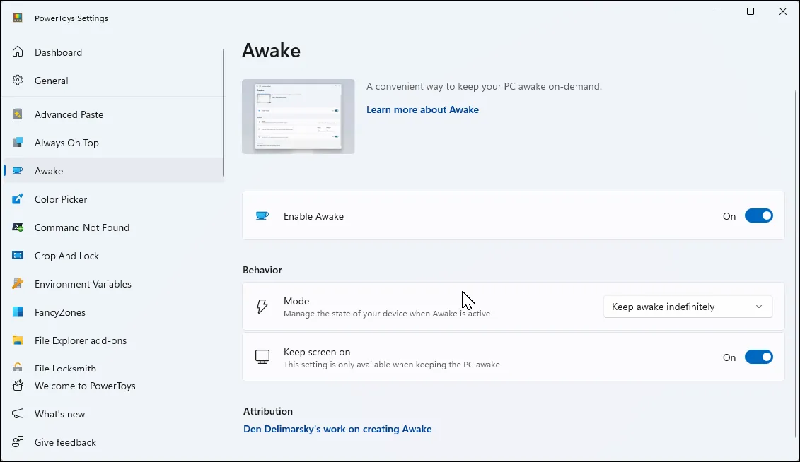 Ứng dụng PowerToys trên Windows 11 với tab Awake đang hiển thị, giúp ngăn máy tính đi vào chế độ ngủ