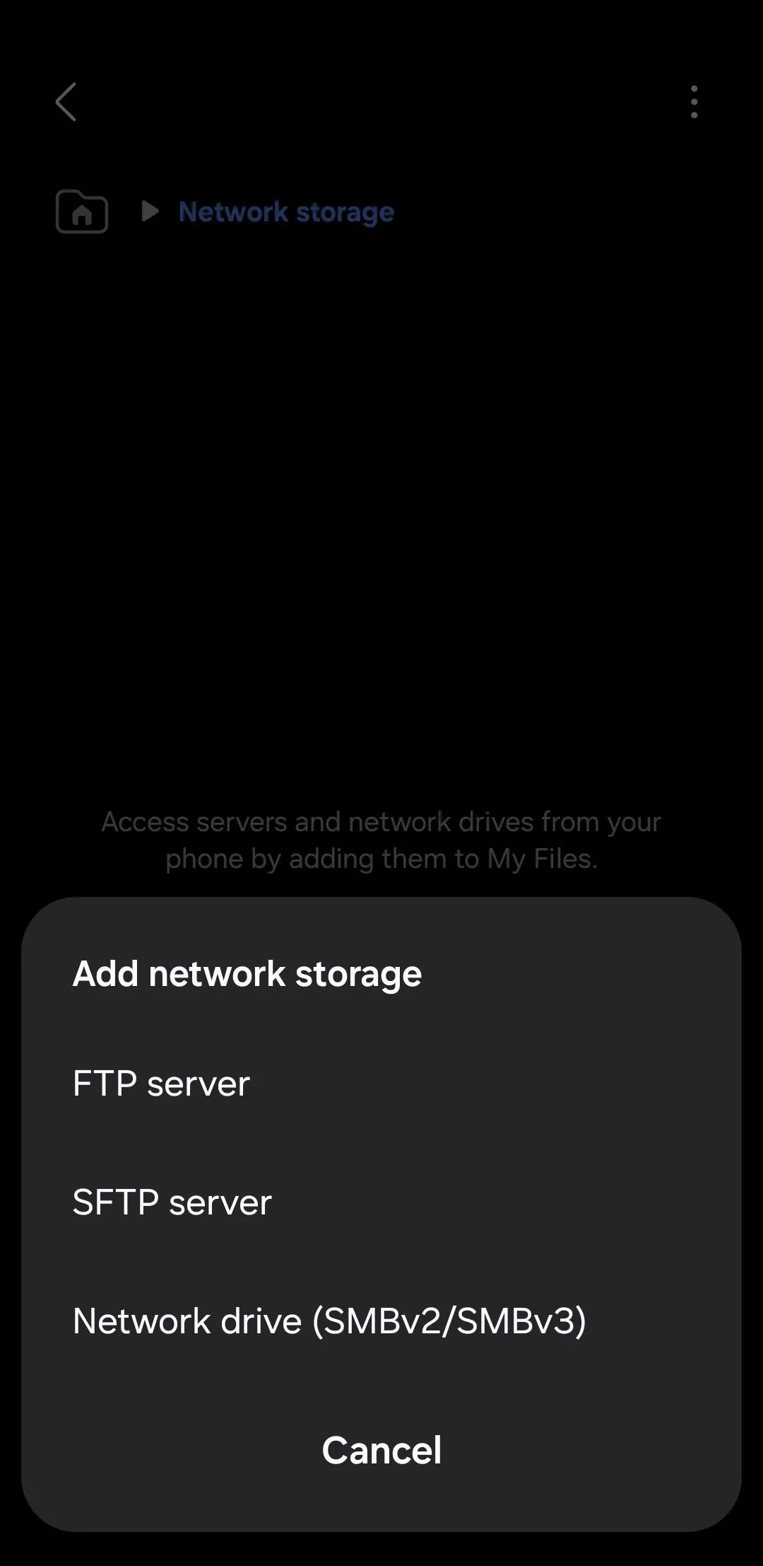 Ứng dụng Quản lý tệp Samsung hiển thị tùy chọn thêm bộ nhớ mạng
