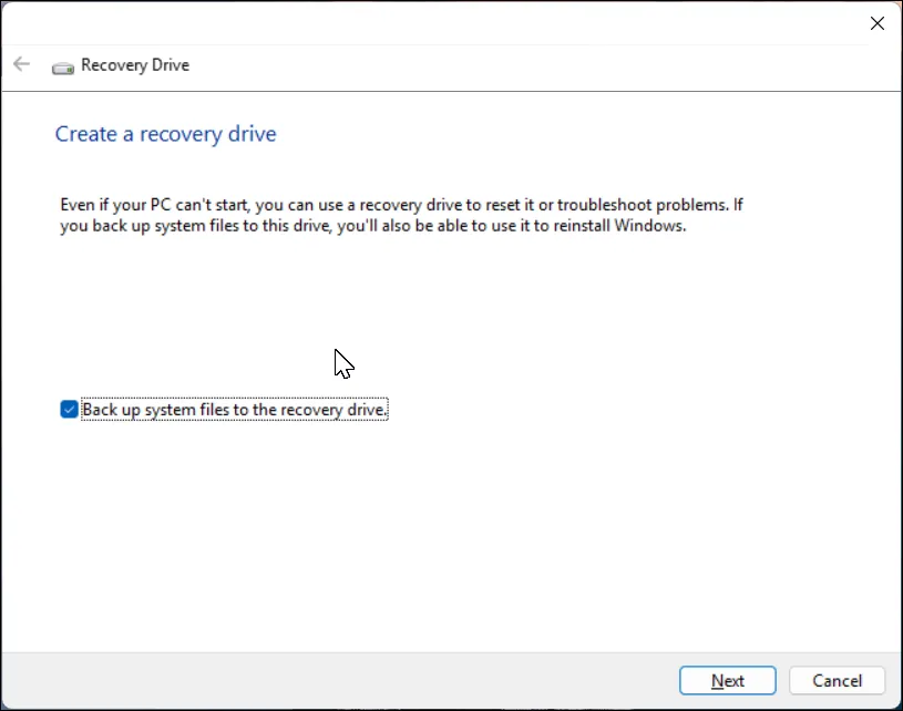 Ứng dụng Tạo ổ đĩa khôi phục (Recovery Drive) đang mở trên Windows 11
