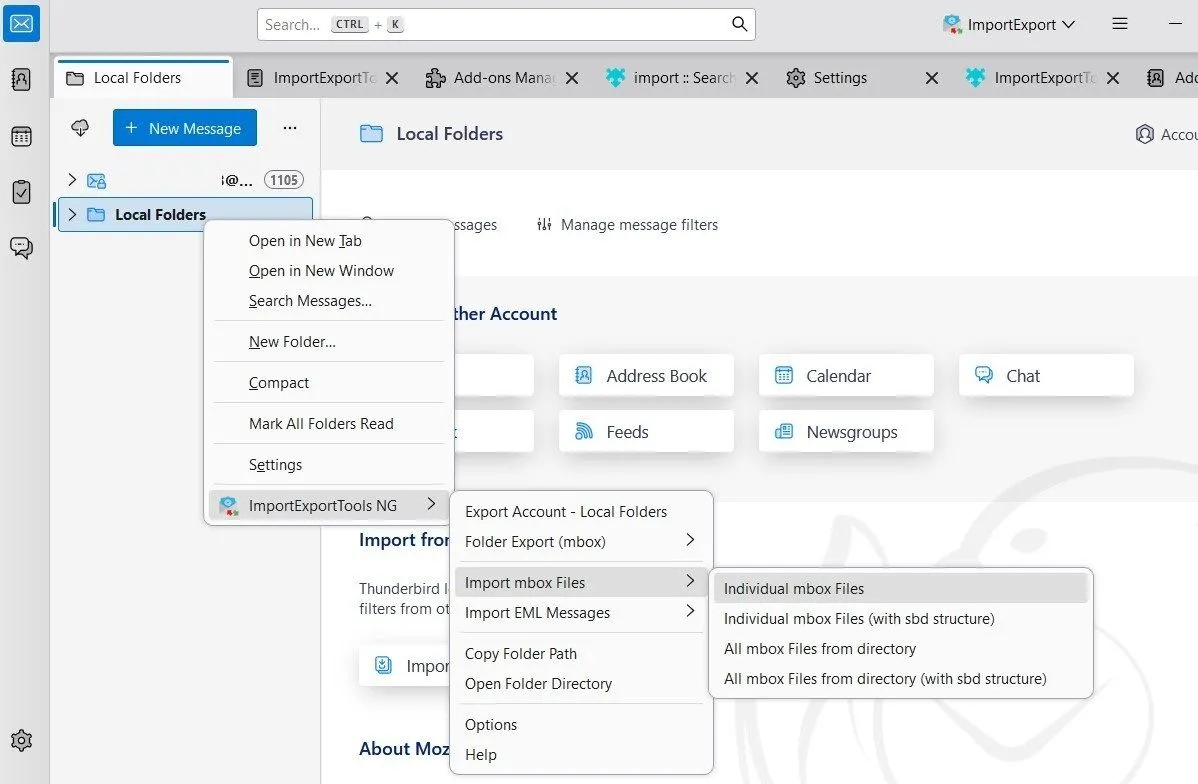 Ứng dụng Thunderbird hiển thị menu nhập file MBOX thông qua tiện ích ImportExportTools NG