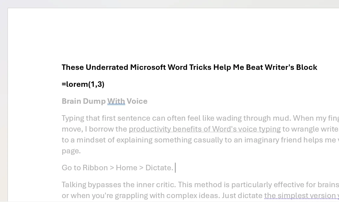 Văn bản giữ chỗ (Lorem Ipsum) trong Microsoft Word, minh họa cách sử dụng lệnh =lorem().