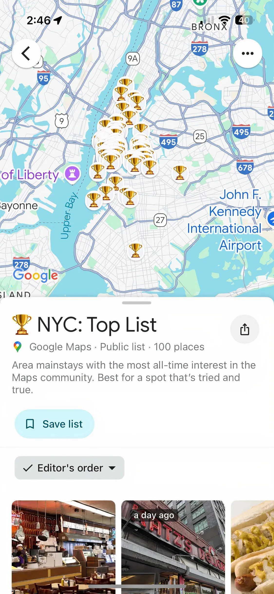Ví dụ danh sách địa điểm nổi bật tại NYC trên Google Maps, giúp khám phá địa điểm du lịch
