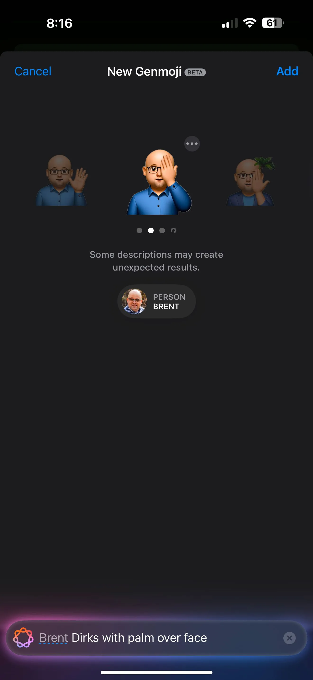 Ví dụ Genmoji được tạo: biểu tượng facepalm cá nhân, thể hiện khả năng tùy biến cao.