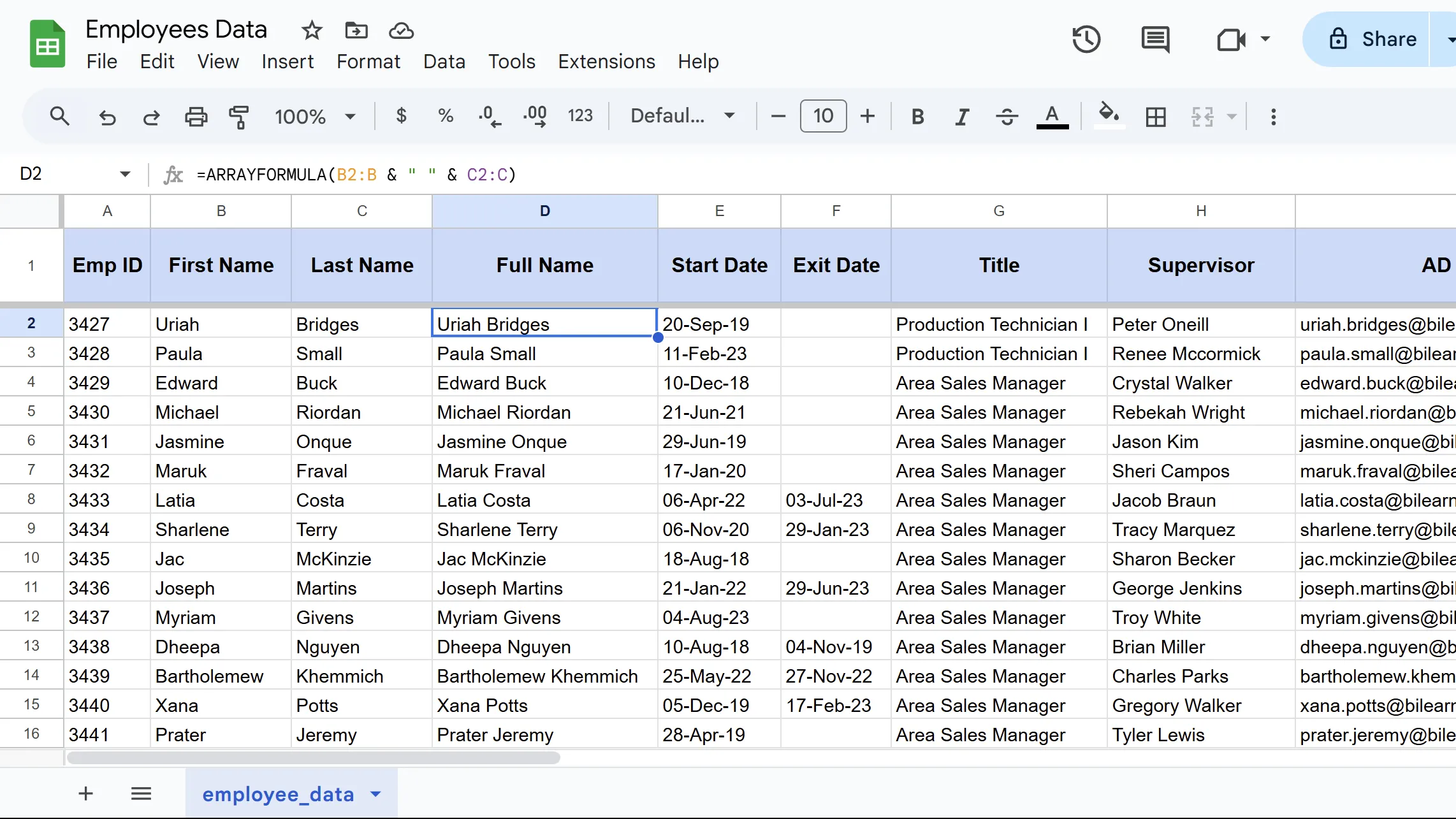 Ví dụ hàm ARRAYFORMULA trong Google Sheets tự động ghép nối giá trị từ cột B và C trên toàn bộ dải ô.
