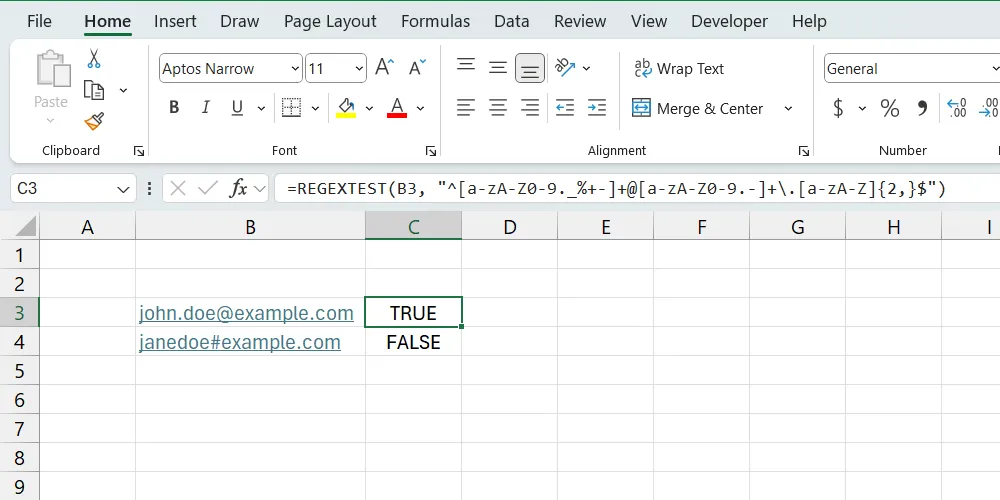 Ví dụ hàm REGEXTEST trong Excel minh họa tính năng nâng cao