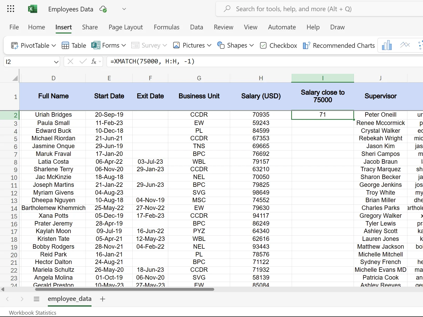 Ví dụ hàm XMATCH trong Excel với tham số match_mode -1 để tìm mức lương gần nhất không vượt quá 75000 USD