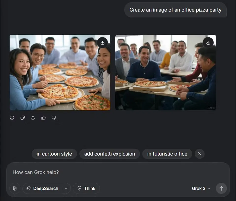 Ví dụ hình ảnh bữa tiệc pizza do Grok Aurora tạo ra, cho thấy khả năng tạo ảnh chân thực, sắc nét.