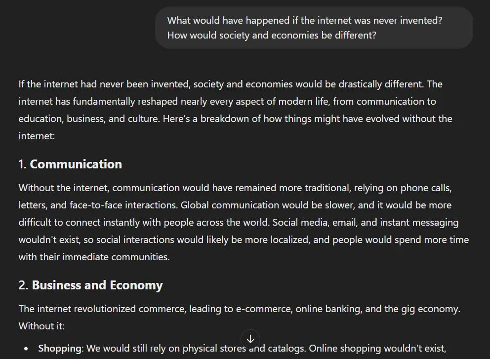 Ví dụ prompt ChatGPT về kịch bản &quot;điều gì sẽ xảy ra nếu Internet chưa từng được phát minh&quot;, thể hiện tư duy phản thực tế của mô hình AI.