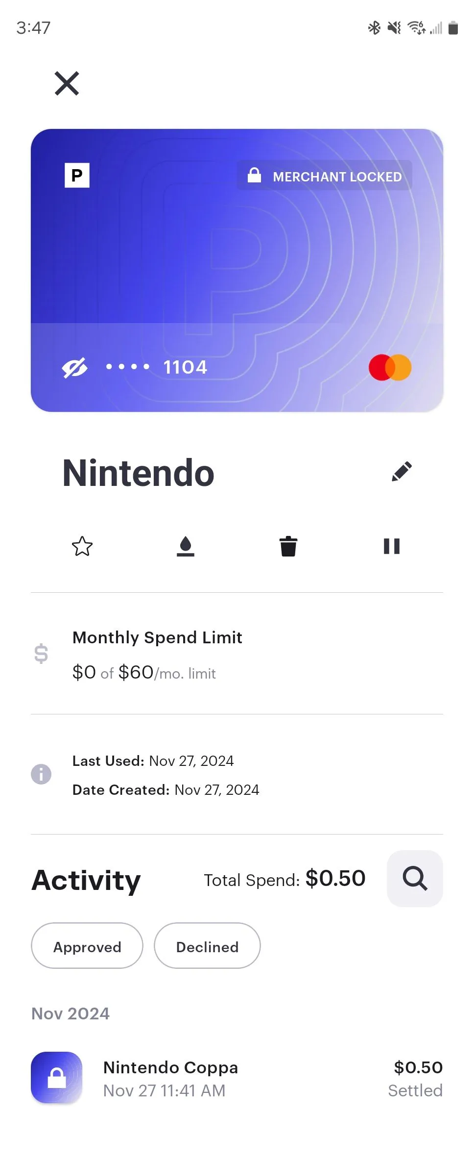 Ví dụ thẻ thanh toán tạm thời được tạo cho Nintendo bằng ứng dụng Privacy trên nền tảng Android.