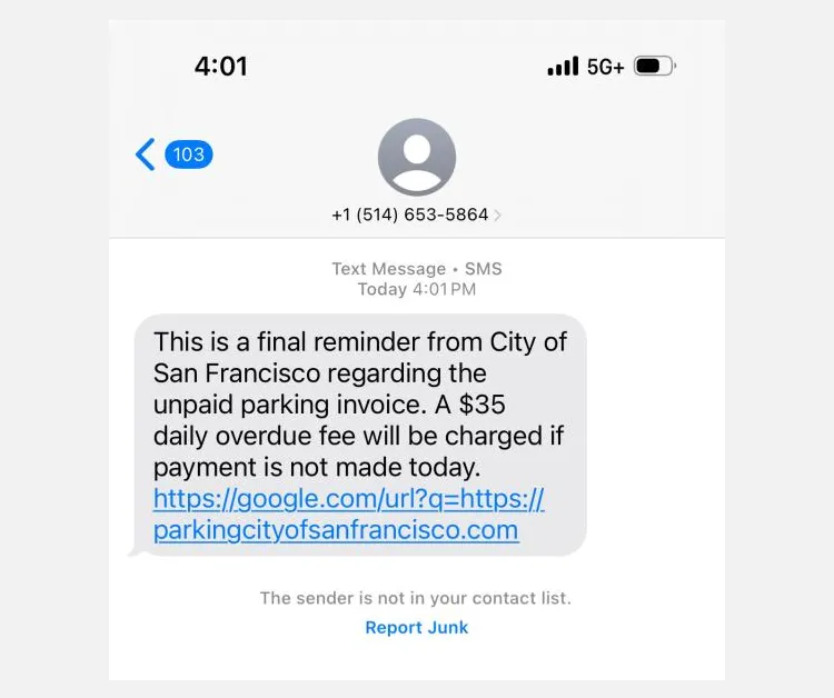 Ví dụ tin nhắn SMS lừa đảo phạt nguội đậu xe giả mạo từ San Francisco